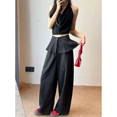批发韩系设计感假两件休闲裙摆裤女2026新款春秋季高腰显瘦垂感直筒裤