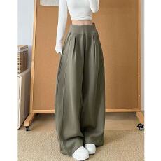 批发慵懒风咸菜绿阔腿裤<b class='q'>女</b>秋季新款百搭高腰压褶宽松垂感小个子休闲裤