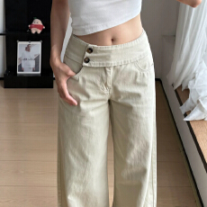 批发卡其色双腰扣设计感阔腿裤女秋季新款高腰宽松显瘦小个子直筒裤子