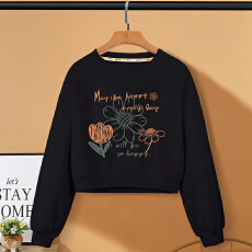 批发A1176#【加绒款+3元】圆领套头<b class='q'>短款</b><b class='q'>卫衣</b>女秋冬上衣宽松显瘦小个子