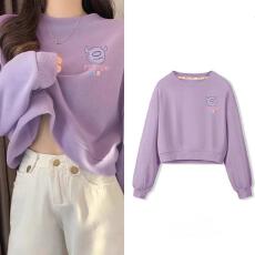 批发A1195#【加绒款+3元】圆领套头短款卫衣女秋冬上衣宽松显瘦小个子