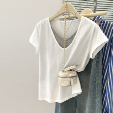 批发假两件拼接V领短袖T恤女夏季韩版宽松休闲<b class='q'>打底衫</b>内搭外穿半袖上衣