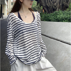 批发松弛感u领条纹长袖<b class='q'>T</b><b class='q'>恤</b>女夏季韩系宽松防晒罩衫休闲慵懒上衣