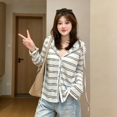 批发<b class='q'>大码</b>胖mm百搭长袖条纹开衫T恤女夏装薄款连帽休闲慵懒防晒衣上衣