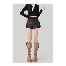 批发辣妹黑色皮裤女2025新款冬季高腰a字休闲外穿阔腿短裤子