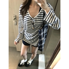 批发韩系低领<b class='q'>条纹</b>长袖<b class='q'>t</b><b class='q'>恤</b>女早秋新款宽松休闲慵懒风薄款防晒罩衫上衣