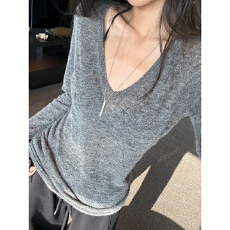 批发秋季老钱风高级感灰色气质v领<b class='q'>修身</b>长袖内搭针织毛衣打底衫上衣女