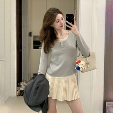 批发韩系温柔风假两件针织衫女秋冬新款气质遮肚显瘦内搭打底<b class='q'>长袖</b>上衣