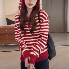 批发条纹连帽长袖针织衫<b class='q'>女装</b>2025秋季大码<b class='q'>胖</b>MM<b class='q'>半拉</b>链毛衣帽衫显瘦上衣