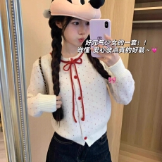 批发白色波点毛衣开衫女秋冬圣诞穿搭短款羊毛<b class='q'>针织</b>衫外套内搭打底上衣