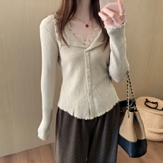 批发秋冬基础款细羊毛蕾丝假两件针织打底衫韩版微宽松气质百搭上衣<b class='q'>女</b>