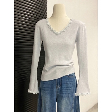 批发韩系v领甜美减龄立体花朵<b class='q'>长袖</b>针织衫女修身显瘦气质内搭打底上衣
