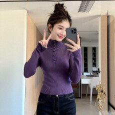 批发紫色半开扣高领毛衣女<b class='q'>秋</b>冬季修身显瘦独特漂亮内搭打底针织衫上衣