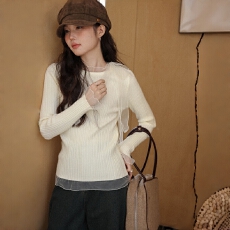 批发网纱拼接蝴蝶结米白色长袖打底针织衫女早春巨好看毛衣修身上衣服
