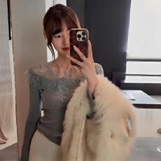 批发性感蕾丝拼接长袖针织衫女<b class='q'>秋</b>冬新款褶皱收腰显瘦温柔风打底衫上衣