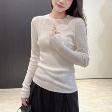 批发亮闪闪烫钻一字领针织衫女高级感钻饰内搭打底衫白色休闲毛衣上衣