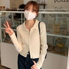 批发杏色polo领双拉链针织衫大翻领设计感上衣春季女装新款长袖短款bm