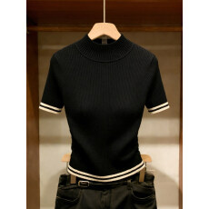 批发深圳南油高端女装条纹高领套头毛衣<b class='q'>秋</b>冬修身坑条打底显瘦黑色上衣