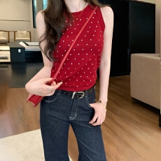 批发少女感显白红色波点针织背心女夏季复古修身无袖外穿打底吊带上衣