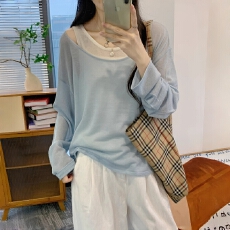 批发蓝色两件套冰丝针织衫防晒罩衫<b class='q'>女</b>夏季薄款外搭<b class='q'>长袖</b>t恤多巴胺上衣