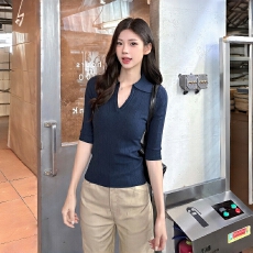 藏青通勤高智姐感polo领针织衫女早春v领中袖t恤修身显瘦上衣