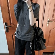 批发韩系复古拼接短袖条纹灰色<b class='q'>针织衫</b>女夏季修身显瘦设计感百搭上衣潮