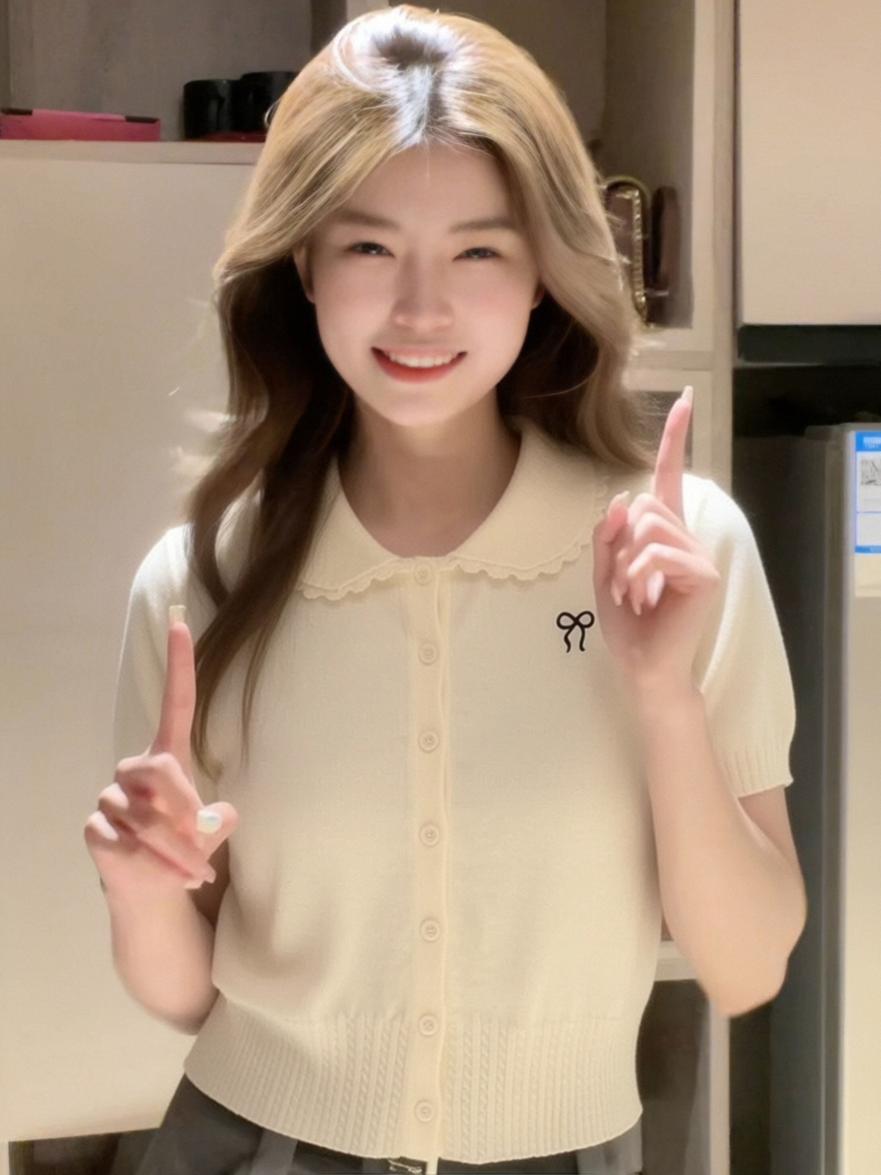 한 부서 레이스 조각 베이비 칼라 반팔 니트 스웨터 여성 봄 여름 새로운 외국 가스 연령 감소 다용도 오픈 가디건 맨위