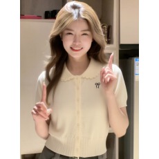 批发韩系<b class='q'>蕾丝</b>拼接娃娃领短袖针织衫女春夏季新款洋气减龄百搭开衫上衣