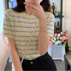 批发多巴胺黄色条纹圆领针织短袖T恤女款2026春季巨好看独特漂亮上衣