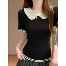 批发韩系温柔撞色娃娃领显瘦针织衫2026<b class='q'>春</b>夏流行修身气质时尚短袖上衣