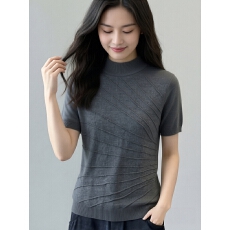 批发2026夏季新款半高领针织<b class='q'>短袖</b>女斜纹提花显瘦气质通勤灰色打底上衣