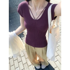 批发纯欲风辣妹V领短袖t恤女2026夏季<b class='q'>新款</b>收腰显瘦短款针织<b class='q'>打底衫</b>上衣