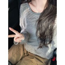 批发韩系条纹圆领防晒长袖针织T恤女装夏季新款韩系宽松<b class='q'>薄款</b>罩衫上衣