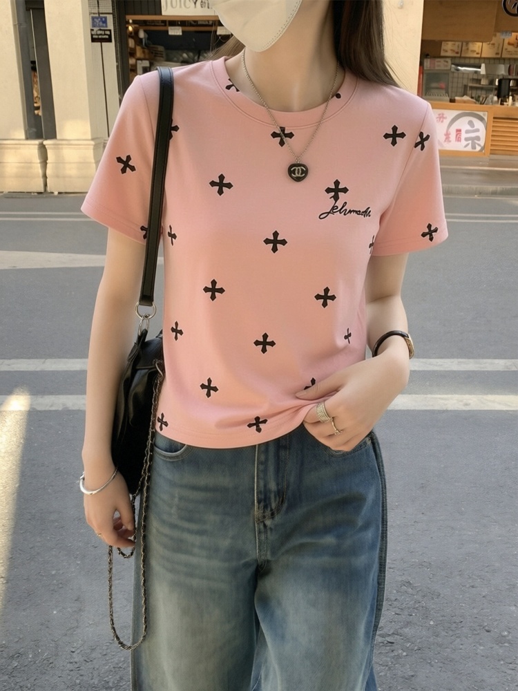 한 부서 레트로 십자가 전체 인쇄 알파벳 반팔 티셔츠 여성 여름 몸매 가꾸기 슬림해 보이는 디자인 센스 쇼트 스타일 캐주얼 맨위