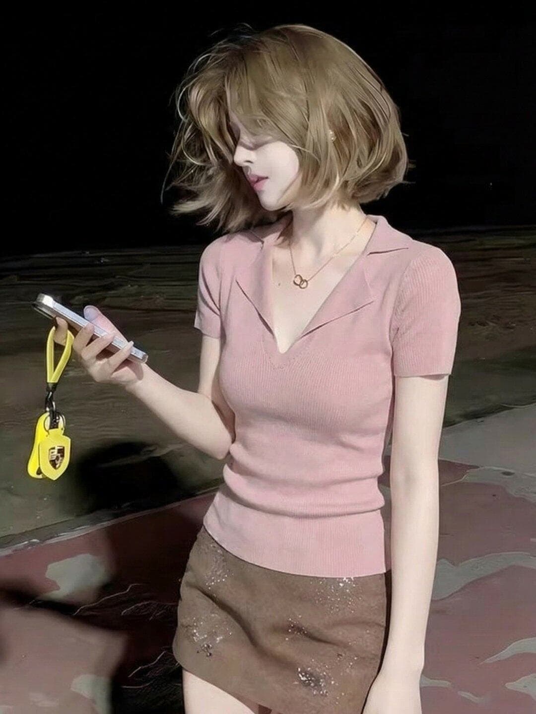 오래된 돈 바람 V넥 반팔 여성 긍정적 인 어깨 몸매 가꾸기 티셔츠 여름 2026 새로운 폴로 칼라 니트 POLO 셔츠 핑크색 맨위