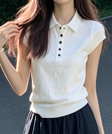 화이트 오래된 돈 바람 polo 폴로 칼라 니트 반팔 여성 고급 외국 가스 기본 셔츠 여름 작은 날다 소매 주간 실크 맨위