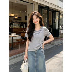 批发通勤灰色条纹假两件抽绳短袖t恤女2026新款夏季韩系设计感小上衣