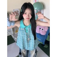 批发蓝绿格纹<b class='q'>娃娃领</b>无袖背心女夏季多巴胺修身显瘦高级感辣妹花苞上衣