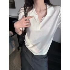 批发复古韩系老钱风polo领<b class='q'>针织衫</b>女春夏宽松短袖翻领冰丝正肩T恤上衣