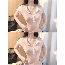 批发韩系别致绝美粉色半开扣冰丝短袖针织开衫女<b class='q'>夏</b>季小众百搭修身上衣