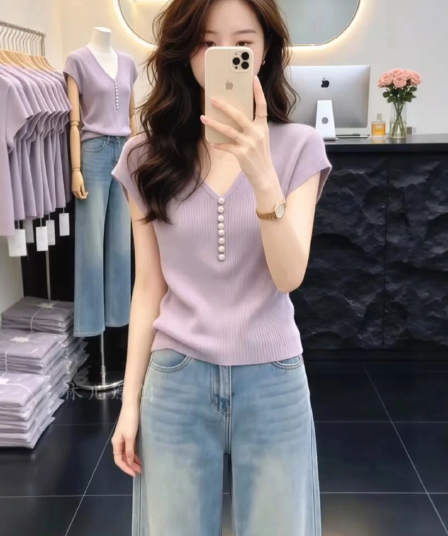 보라색 V넥 긍정적 인 어깨 작은 날다 소매 티셔츠 여성 여름 빅 사이즈 지방 mm 몸매 가꾸기 슬림해 보이는 품격 반팔 니트 스웨터 맨위