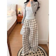 批发黑<b class='q'>白</b>格子排扣休闲裤女男夏季薄款宽松松紧腰阔腿裤撞色格纹直筒裤