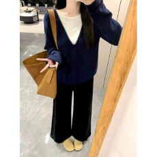 批发韩系假两件慵懒感休闲穿搭毛衣女秋冬宽松软糯针织衫内搭打底上衣