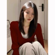 法式红色假两件v领长袖针织衫女秋季新款韩系修身内搭毛衣打底衫