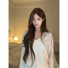 韩系拼接白色三条杠v领针织毛衣女秋季宽松薄款设计感慵懒上衣潮