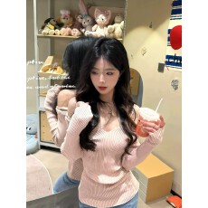 批发韩系甜辣妹纯欲斜露肩<b class='q'>针织衫</b>女早春季2026新款内搭打底衫长袖上衣