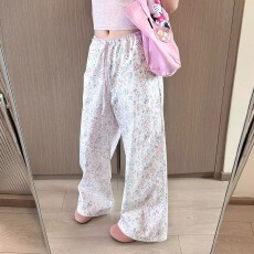 批发【原板原料】韩国小众撞色腰头可束脚涂鸦<b class='q'>印花</b>长裤宽松休闲阔腿裤