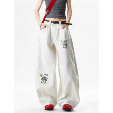 批发美式解构花卉印花弯刀牛仔裤男女夏季设计感白色阔腿<b class='q'>情侣</b><b class='q'>工装裤</b>子