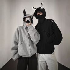 批发杜宾犬铆钉连帽卫衣新款<b class='q'>港风</b>宽松开衫卫衣潮男女同款帅气百搭