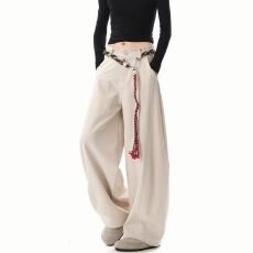 批发【带<b class='q'>饰品</b>】卡其色时尚工装风宽松<b class='q'>大码</b>阔腿裤女秋季酷拽百搭简约